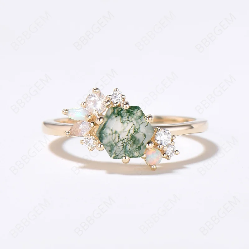 handpicked engagement rings -Cluster Moss Agate Ring Hexagon Cut Engagement Ring