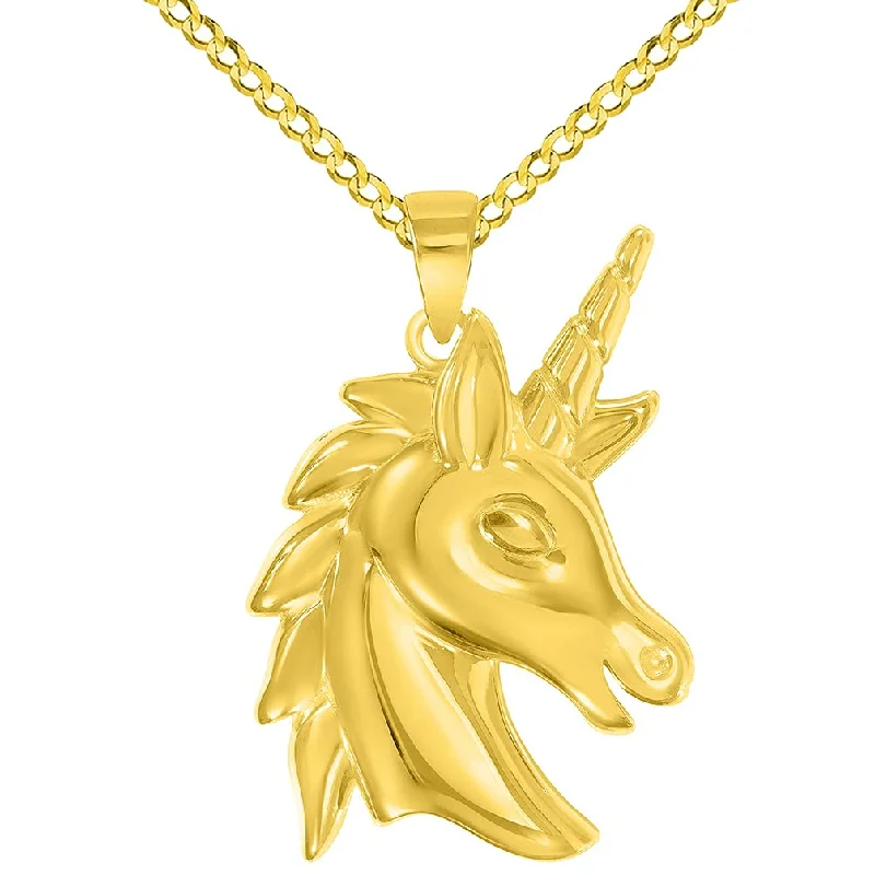 women fashion chain necklaces -14k Yellow Gold Unicorn Horse Head Mythical Animal Pendant with Cuban Curb Chain Necklace