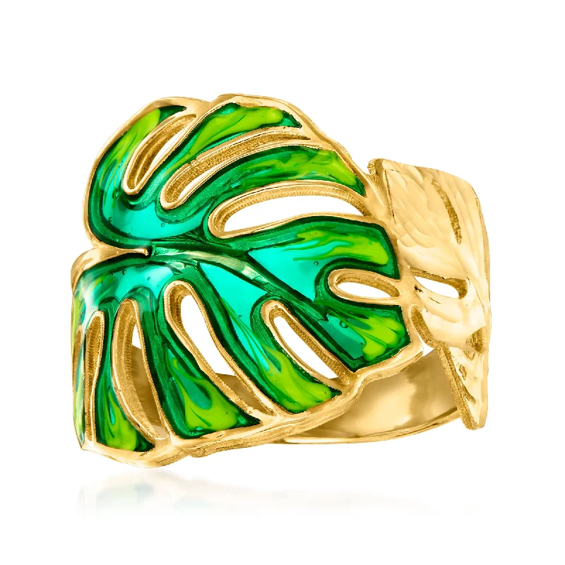 stackable wedding and engagement rings -Ross-Simons Italian Green Enamel Monstera Leaf Ring in 14kt Yellow Gold