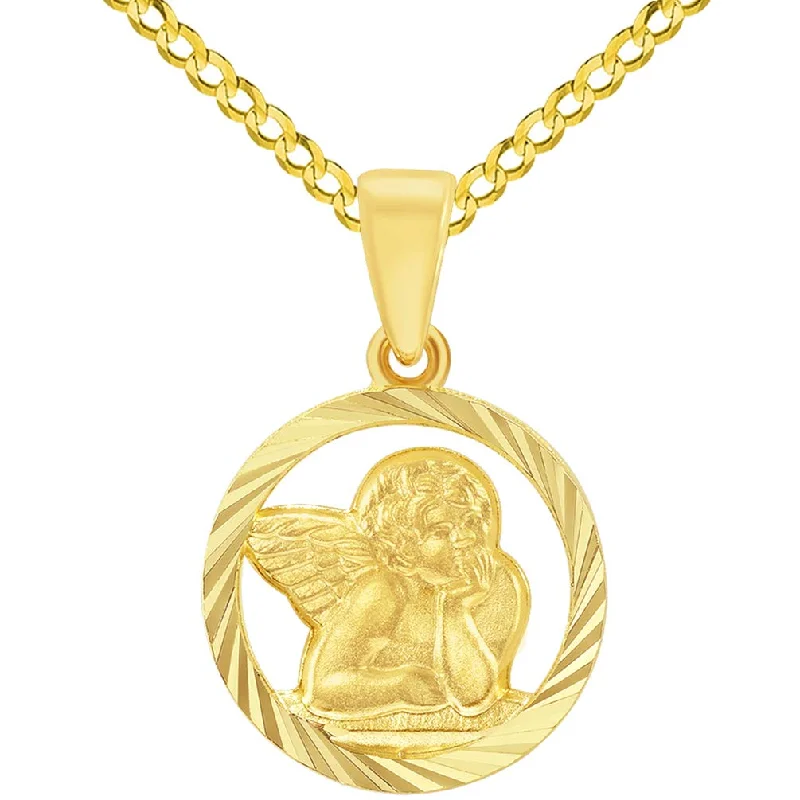 women engraved charm necklaces -14k Yellow Gold Textured Open Round Guardian Angel Pendant with Curb Chain Necklace