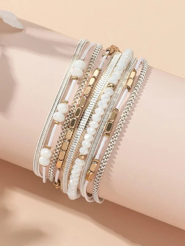 women engraved bangle sets -White Beaded and Chain Bracelet