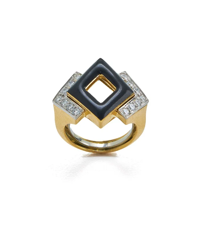 women stack rings -Double Diamond Ring, Black Enamel