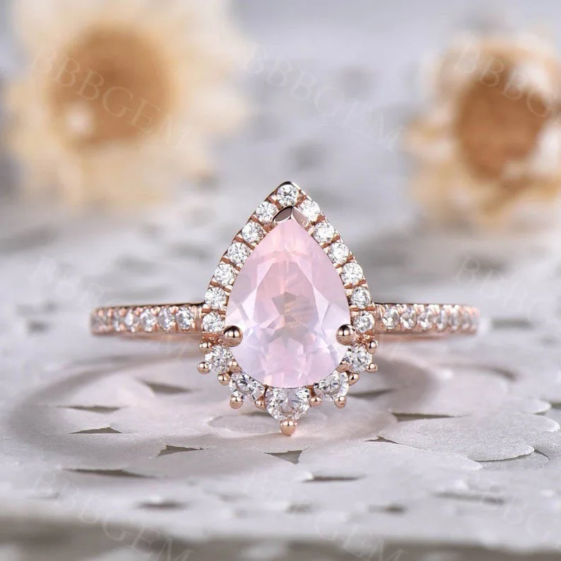 multi-stone engagement rings -1.25 Carat  Unique Natural Rose Quartz Engagement Ring Pear Cut Diamond Band