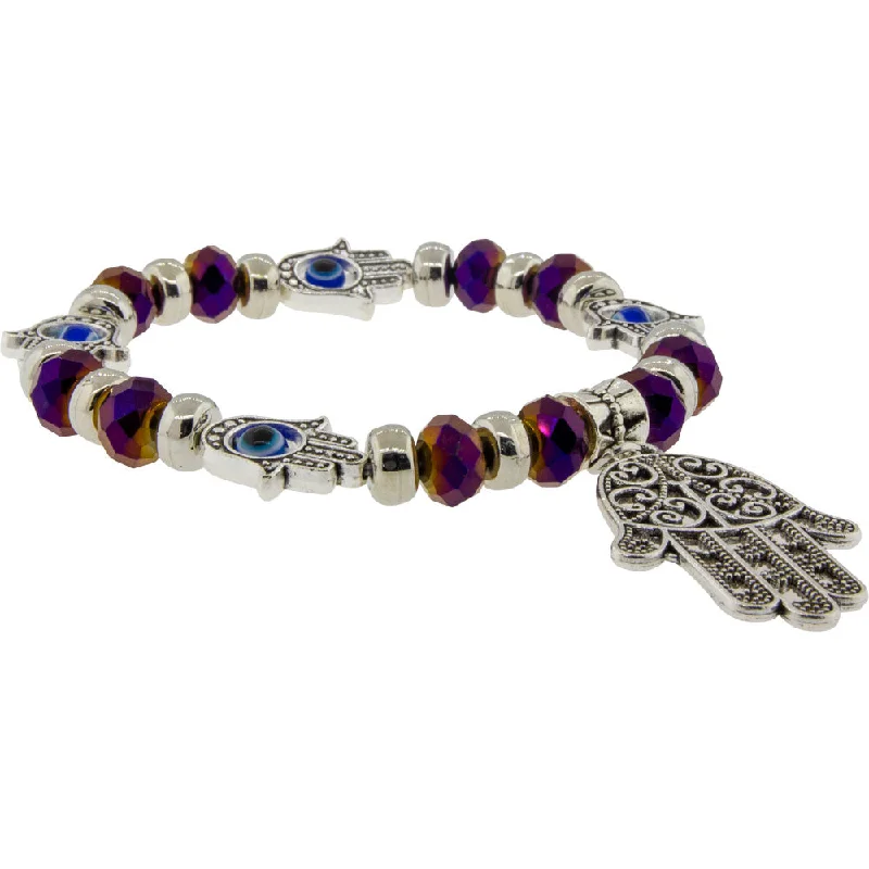 women custom charm bracelets -8 mm Elastic Bracelet - Evil Eye Protection - Purple with Charm