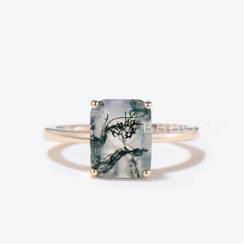 affordable solitaire engagement rings -2CT Emerald Cut Natural Moss Agate Solitaire Engagement Ring