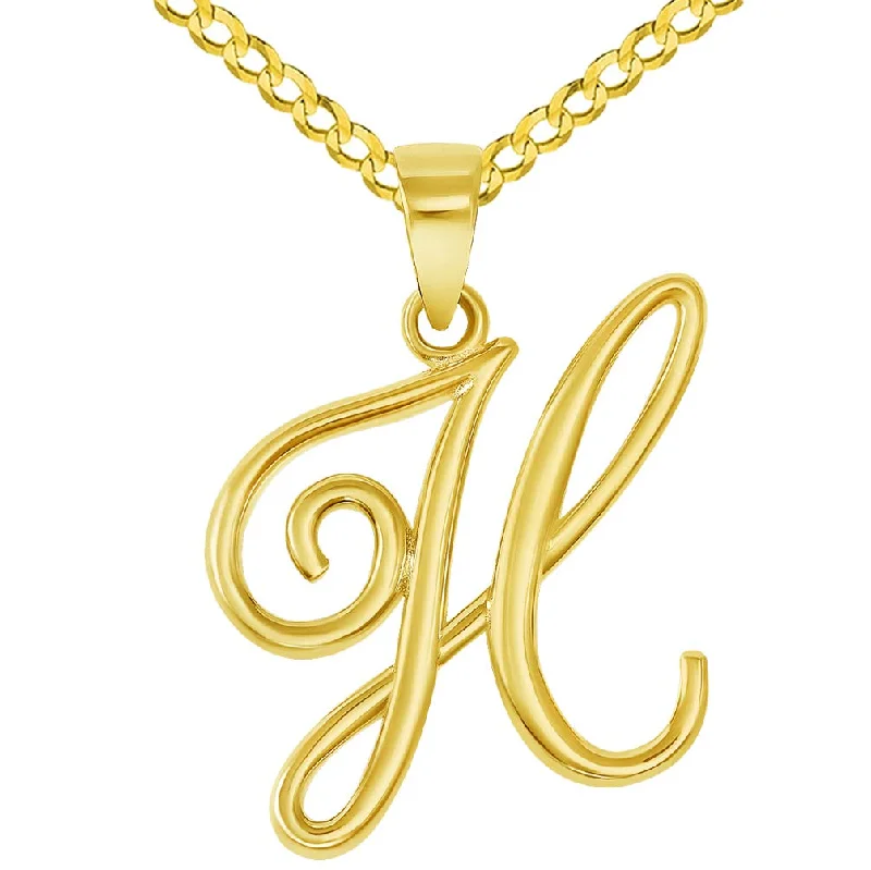 women rope necklaces -14k Yellow Gold Elegant Script Letter H Cursive Initial Pendant with Concave Cuban Link Curb Chain Necklace