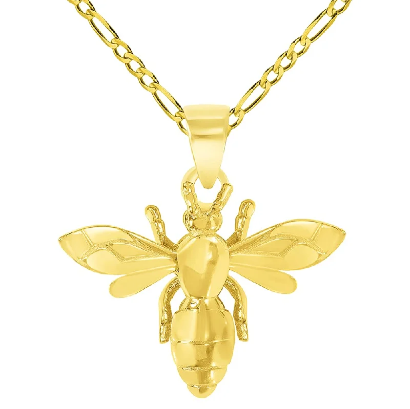 women long gold necklaces -14k Yellow Gold 3D Honey Bee Charm Bumblebee Insect Pendant with Figaro Chain Necklace