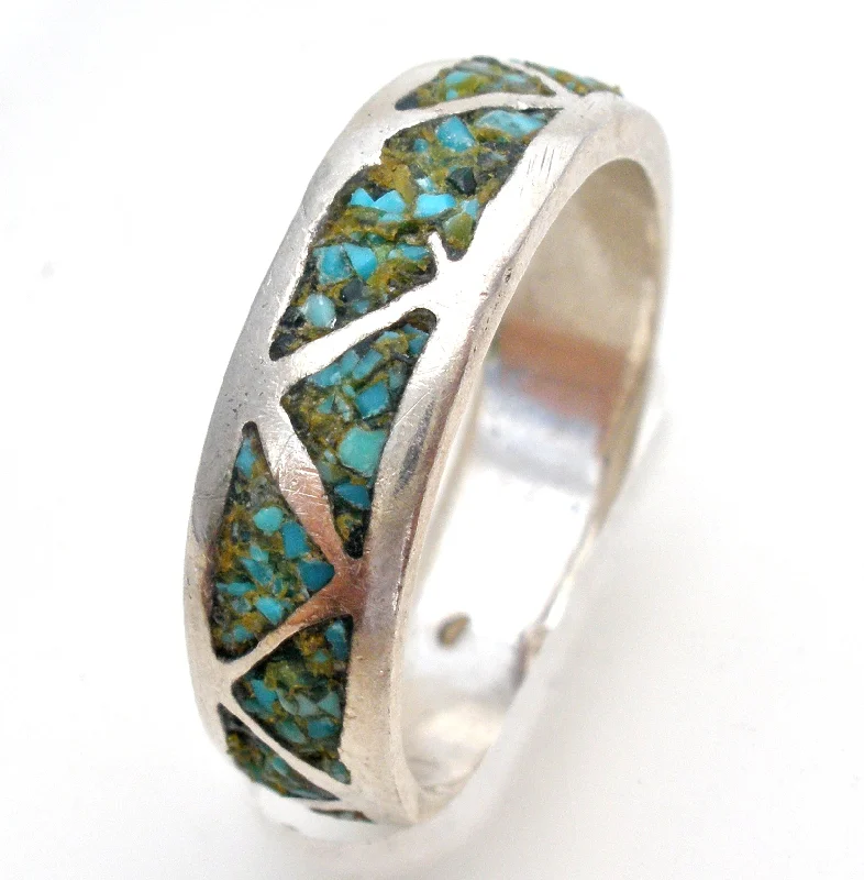 women delicate rings -Sterling Silver Mosaic Turquoise Band Ring Size 7