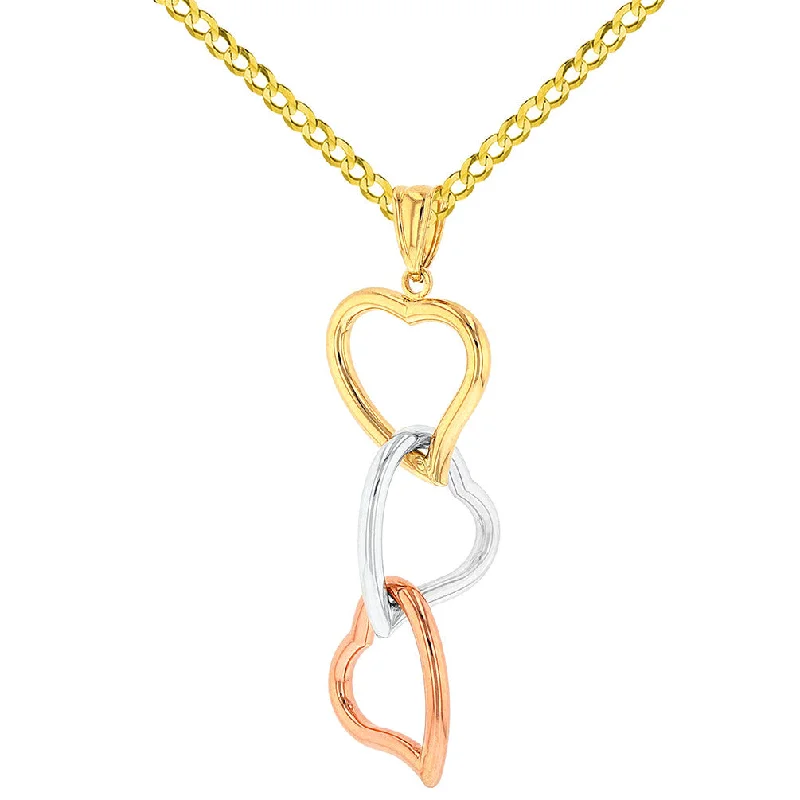 women gold chain necklaces -14K Yellow Gold, White Gold and Rose Gold Dangling Hearts Pendant with Cuban Chain Necklace