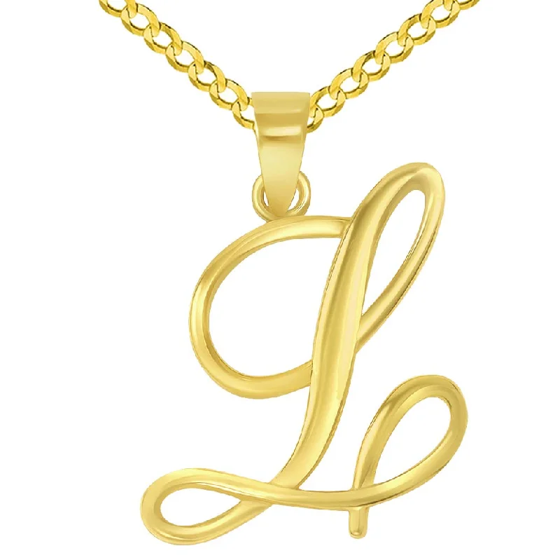 women eco-friendly necklaces -14k Yellow Gold Elegant Script Letter L Cursive Initial Pendant with Concave Cuban Link Curb Chain Necklace