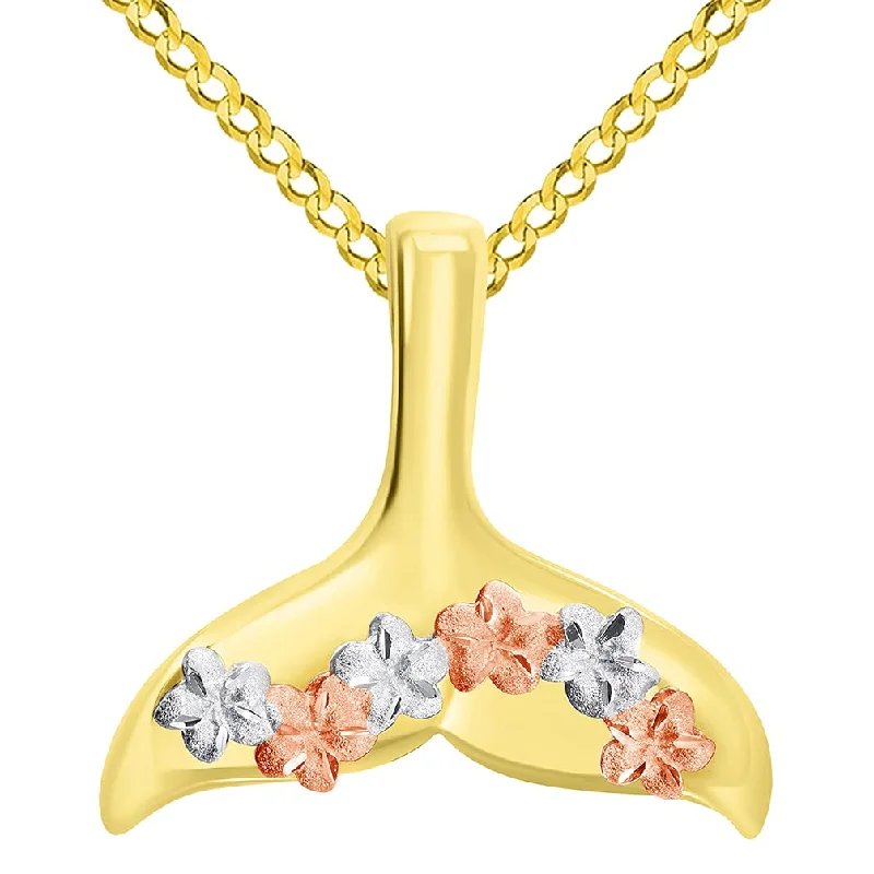 women lucky charm necklaces -14k Yellow and Rose Gold Tri-Tone Dolphin Tail Fin Hawaiian Plumeria Flowers Pendant Cuban Curb Chain Necklace