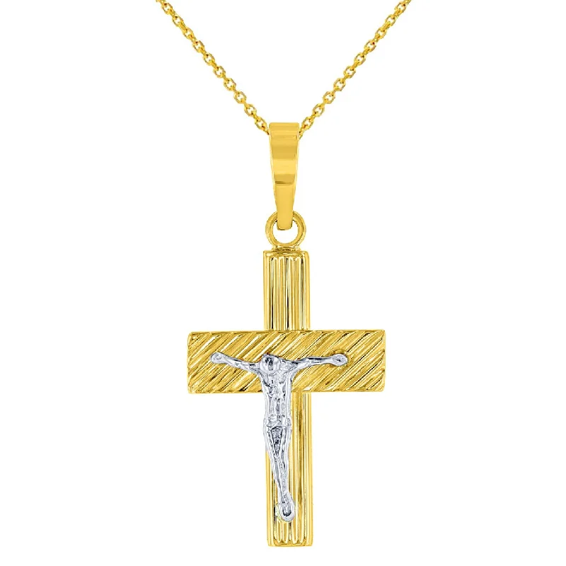 women golden flower necklaces -14K Two-Tone Gold Textured Cross Crucifix with Jesus Christ Pendant Necklace