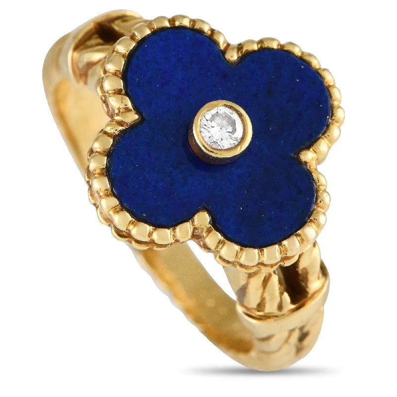 luxury solitaire engagement rings -Van Cleef & Arpels Vintage Alhambra 18K Yellow Gold Diamond and Lapis Ring VC24-111224