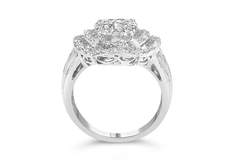 18k gold engagement rings -14K White Gold 1.0 Cttw Round & Baguette Cut Diamond Floral Cluster Quatrefoil Channel Set Band Cocktail Statement Ring