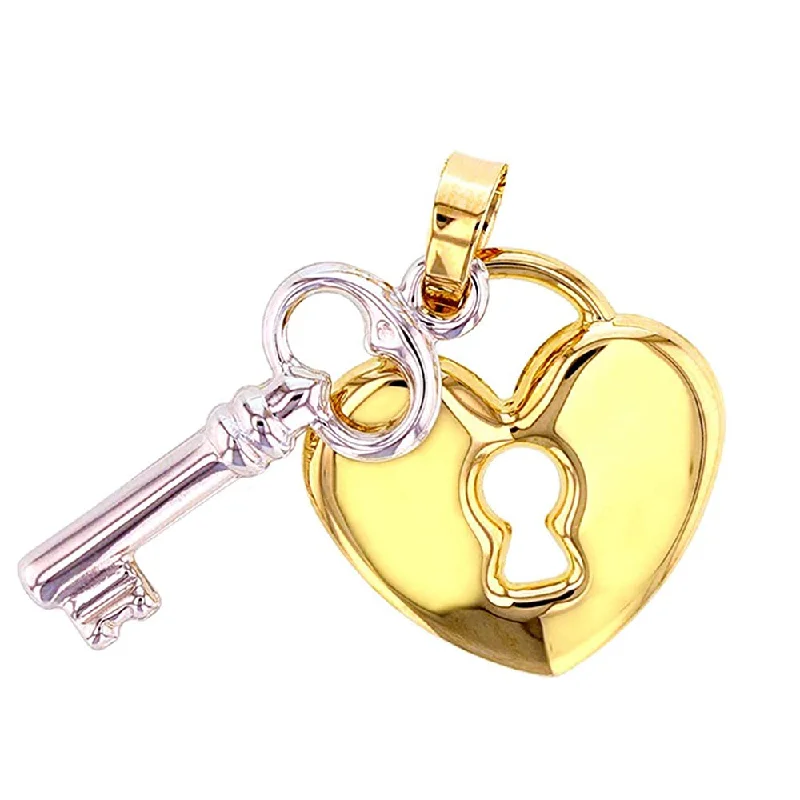 women adjustable necklaces -JewelryAmerica Fine 14k Two-Tone Gold Heart with Lock and Key Charm Pendant