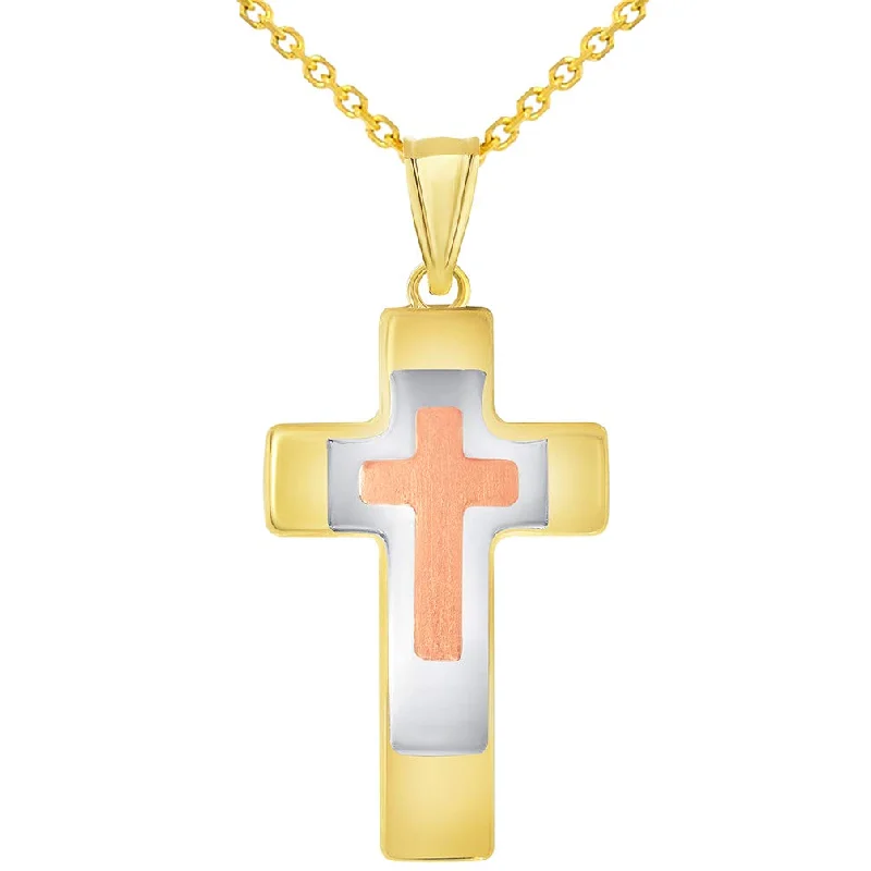 women bracelet and necklace sets -14k Yellow Gold High Polished Tri-Tone Religious Cross Pendant Necklace