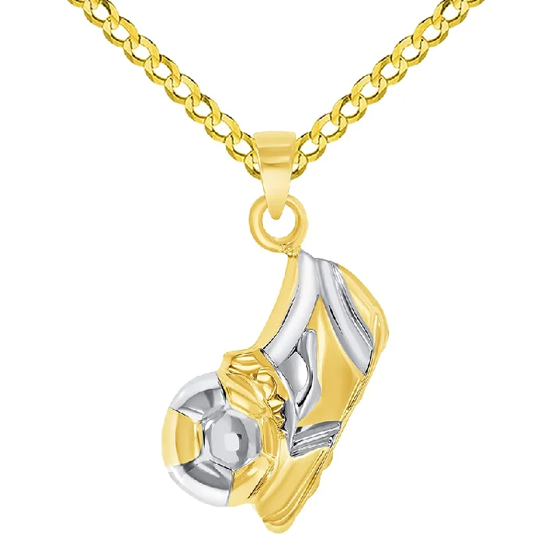 women birthstone pendant necklaces -14k Yellow Gold 3D Soccer Shoe Kicking Ball Charm Two-Tone Football Sports Pendant Cuban Curb Chain Necklace