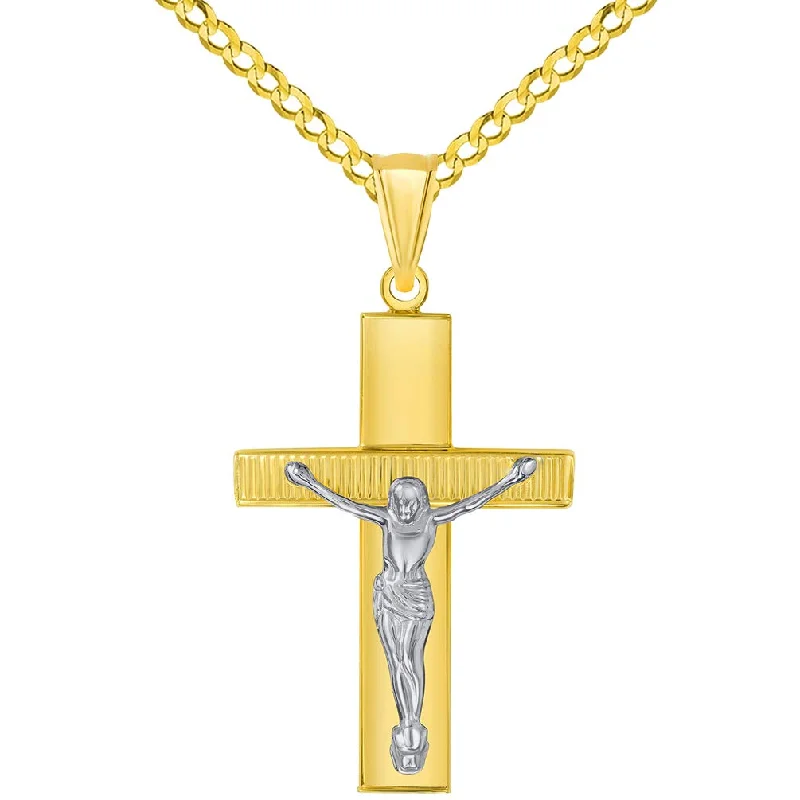 women heart-shaped pendant necklaces -14k Yellow Gold High Polished Textured Religious Cross Two-Tone Jesus Crucifix Pendant with Cuban Curb Chain Necklace