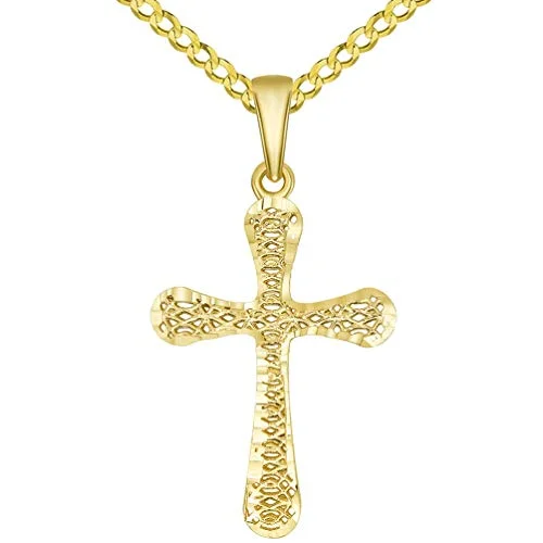 women gemstone necklaces -14k Yellow Gold Textured Rounded Edge 3-D Religious Cross Pendant with Rolo, Curb, or Figaro Chain Necklace