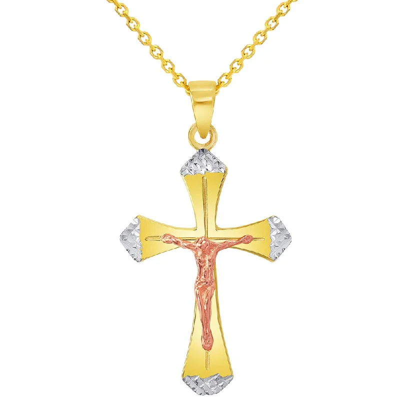 women infinity diamond necklaces -14k Yellow Gold and Rose Gold Textured Tri-Tone Religious Cross Jesus Crucifix Pendant Necklace