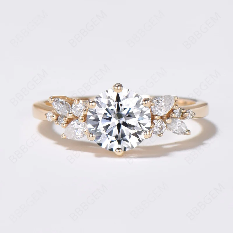 gold engagement rings -7mm Round Moissanite Ring Yellow Gold Cluster Promise Ring