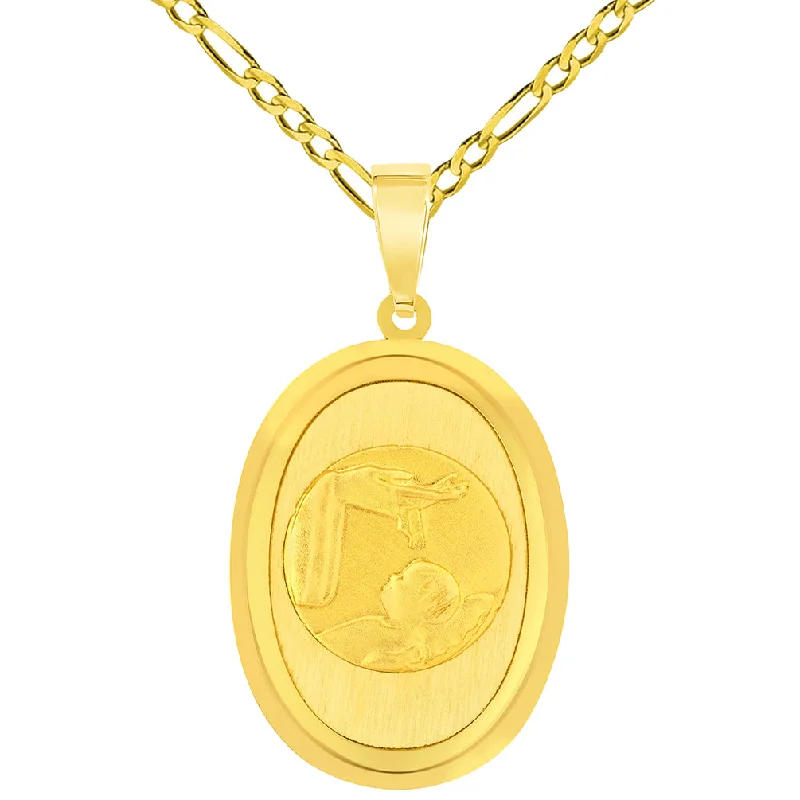 women heart-shaped pendant necklaces -14k Yellow Gold Religious Baptism Christening Oval Medal Pendant with Figaro Chain Necklace