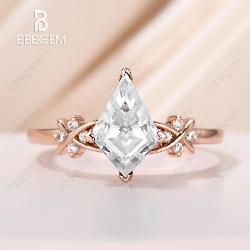 alternative gemstone engagement rings -18K Rose Gold Kite Moissanite and Diamond Engagement Ring 4 Prong Vintage Inspired Women Promise Ring