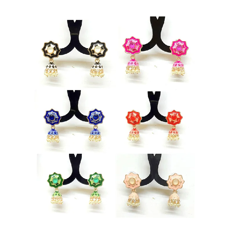 women long earrings -Veekee Fashion Pack of 12 Multi Colors Rose Gold Plated Meenakari Small Jhumki Earrings