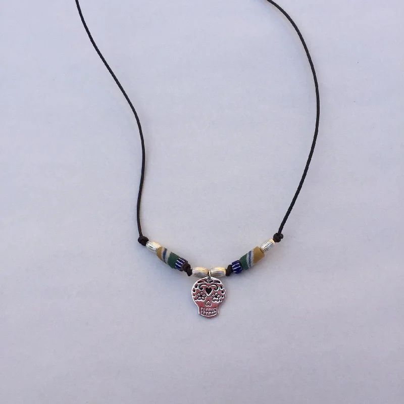 women inspirational necklaces -Sugar skull cord necklace for men or women