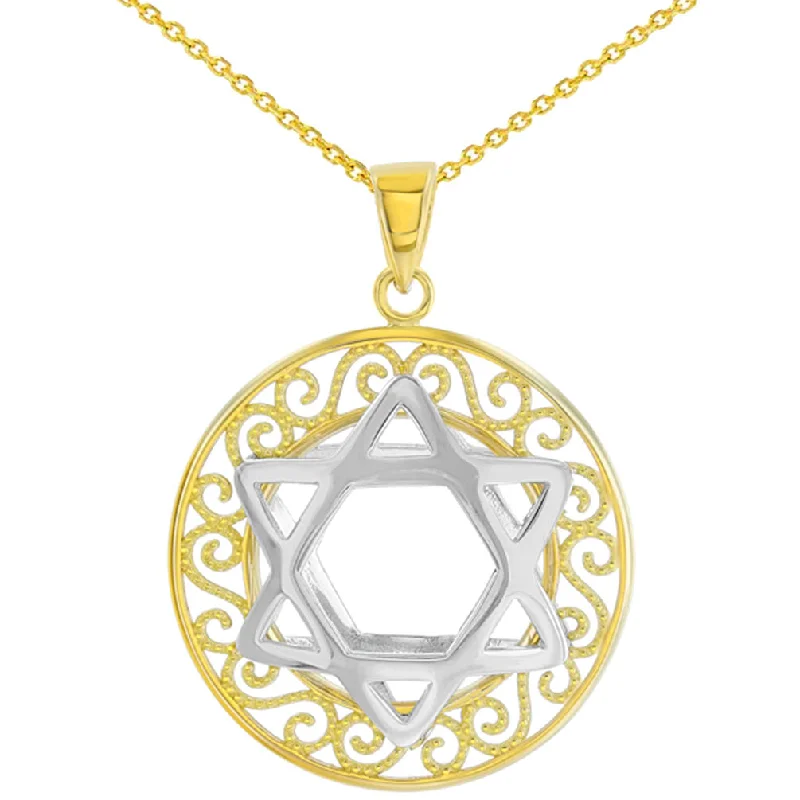 women designer gold necklaces -Polished 14K Two Tone Gold Round Filigree Star of David 3D Charm Pendant Necklace