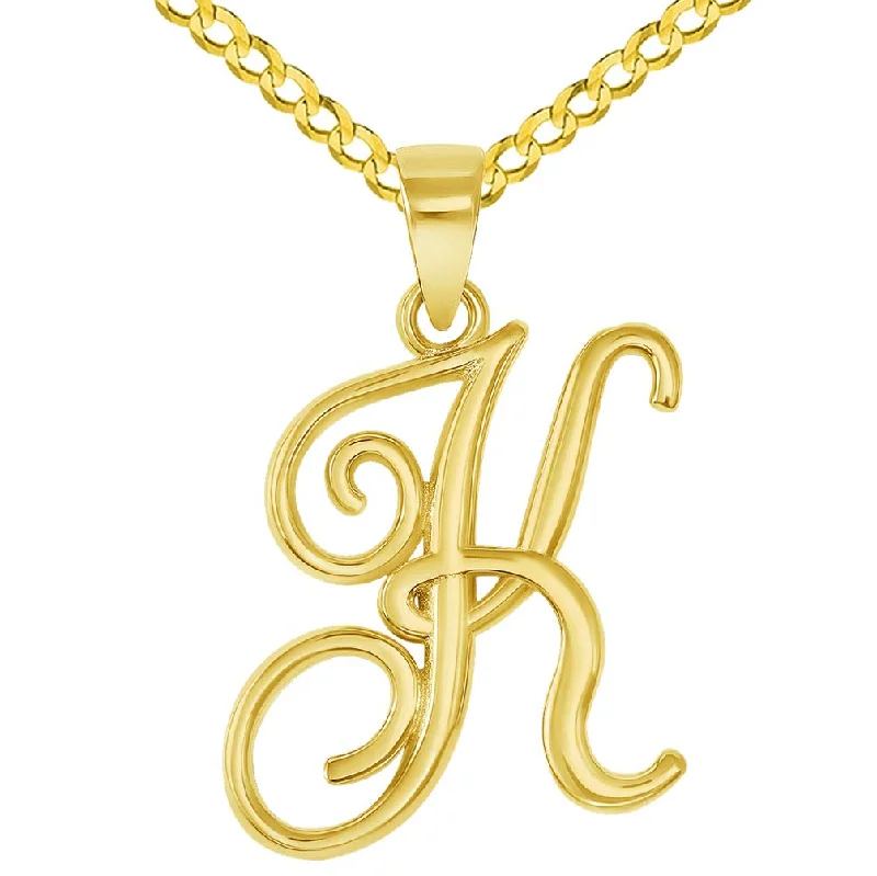 women circular necklaces -14k Yellow Gold Elegant Script Letter K Cursive Initial Pendant with Concave Cuban Link Curb Chain Necklace