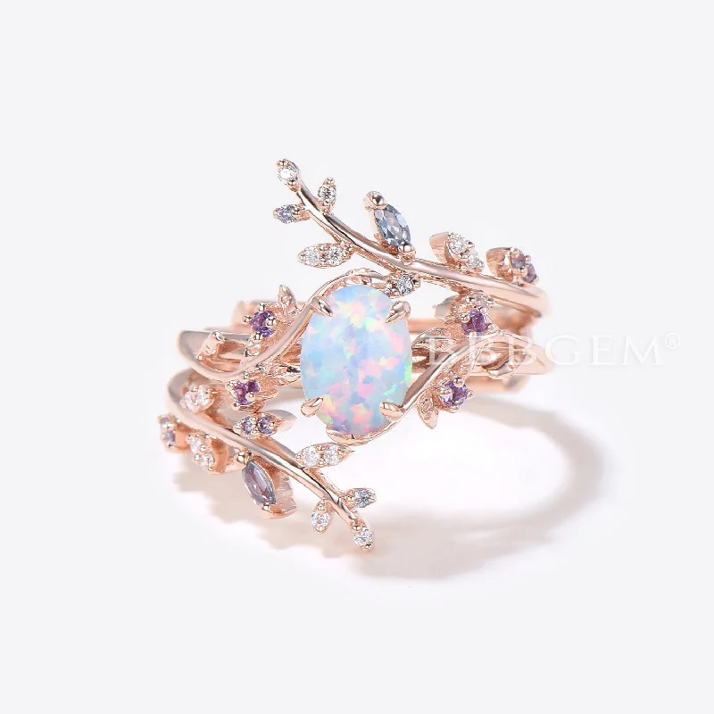 cushion cut engagement rings -Branch Opal Engagement Ring Oval White Opal Bridal Set Nature Inspired Leaf Alexandrite Ring Rose Gold Wedding Band Enhancer Guard Ring