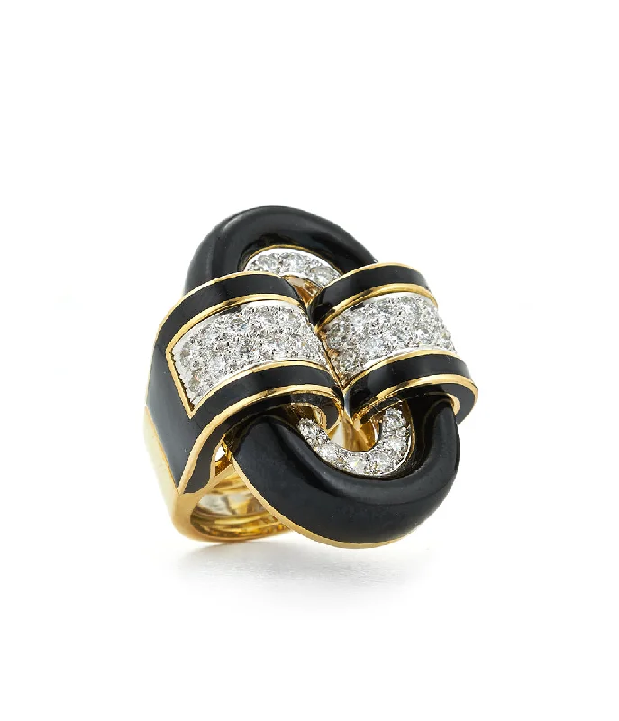 women gold engagement rings -Oval Buckle Ring, Black Enamel