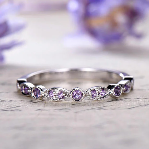 classic solitaire engagement rings -Amethyst Marquise shape Wedding Bands women,14K White Gold engagement ring,Half Eternity bridal ring,promise ring,aniversary ring for her