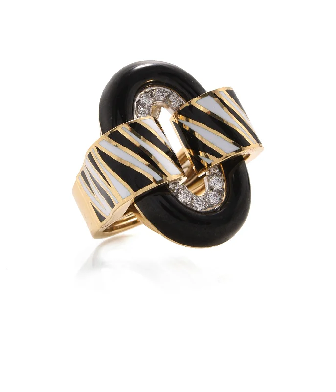 women gold-plated rings -Small Oval Buckle Ring with Zebra Stripe, Black