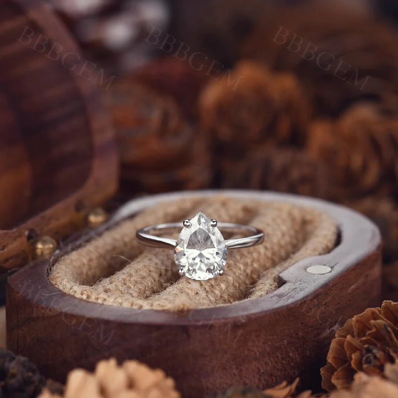 gold engagement rings -2 Carat Pear Shaped Moissanite Engagement Ring Solitaire Cathedral Without Accents