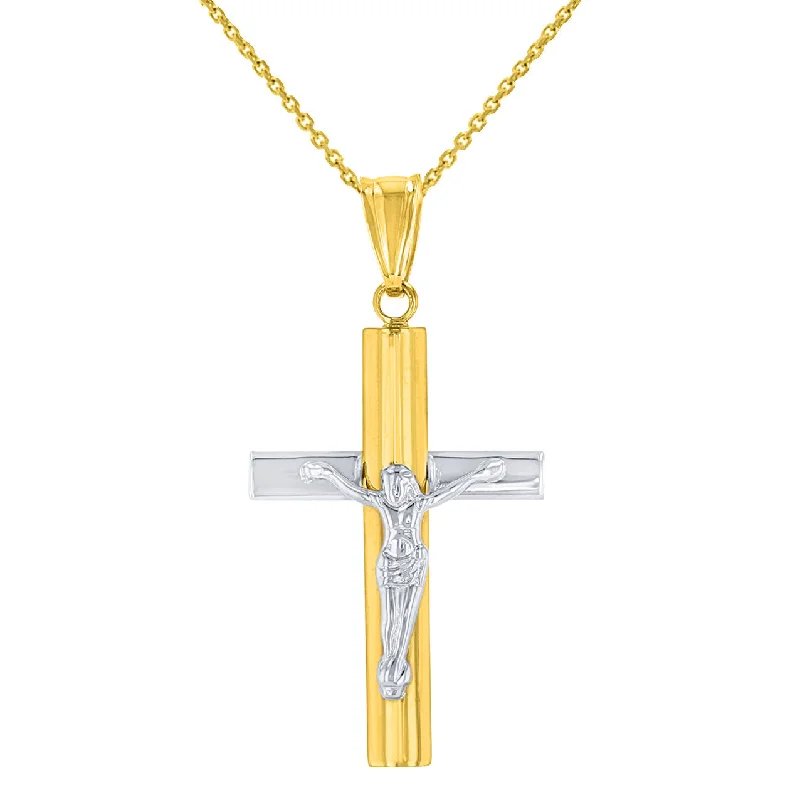 women classic gold necklaces -14K Yellow Gold & White Gold Religious Cross Crucifix with Jesus Christ Pendant Necklace