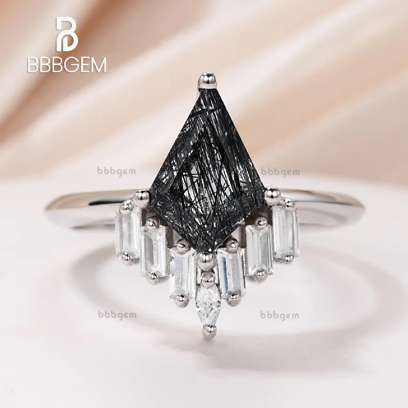 budget engagement rings -Geometric Knife-Edge Kite Black Rutilated Quartz Engagement Ring White Gold Black Tourmaline Baguette Marquise Moissanite Promise Ring