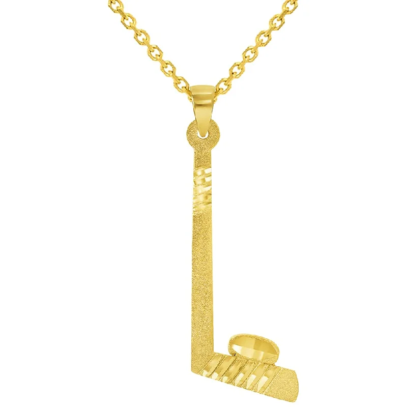 women gold chain necklaces -Solid 14k Yellow Gold Ice Hockey Stick and Puck Sports Pendant Necklace