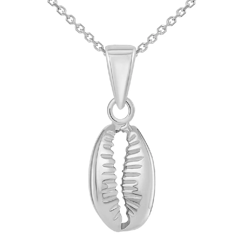 women wedding day necklaces -14k White Gold Small 3D Seashell Charm Cowrie Shell Pendant Necklace