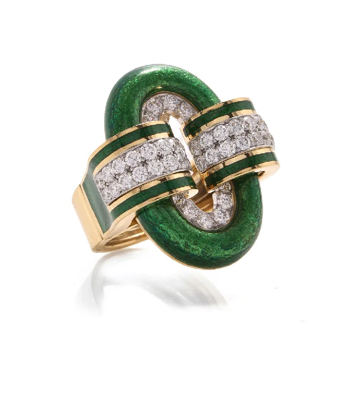 women affordable rings -Small Oval Buckle Ring, Green Enamel