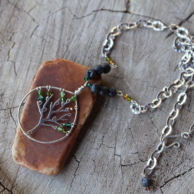 women classic gold necklaces -Sterling silver tree of life pendant necklace with Swarovski crystals and lava beads