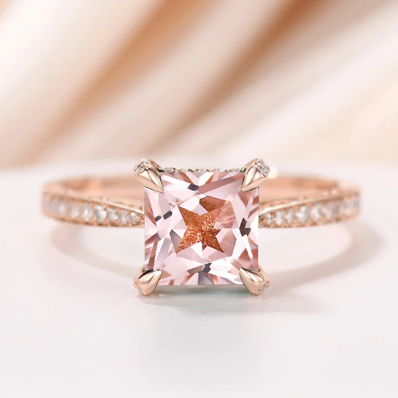 simple engagement rings -Morganite Princess Cut Diamond Side Stone Engagement Ring Filigree Tapered Diamond Band