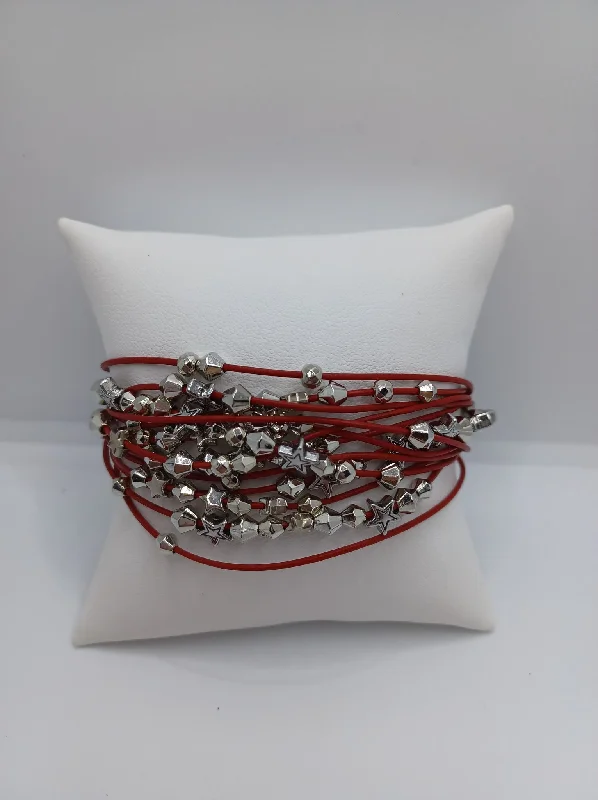 women beaded bracelets -Red Leather Style Magnetic Bracelet w/ Silver Star Charms