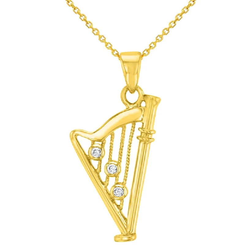 women engraved necklaces -Solid 14K Yellow Gold CZ Harp Charm Musical Instrument Pendant Necklace