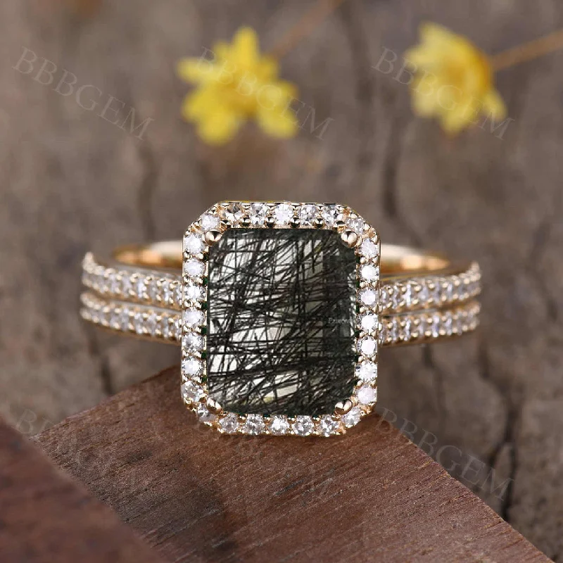 modern halo engagement rings -Diamond Halo Natural Black Rutilated Quartz Engagement Ring 8X10mm Emerald Cut Rose Gold