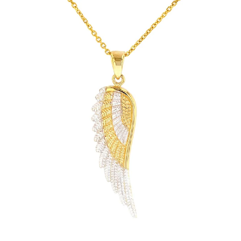 women layered gold necklaces -Solid 14k Yellow Gold Textured Angel Wing Charm Pendant Necklace