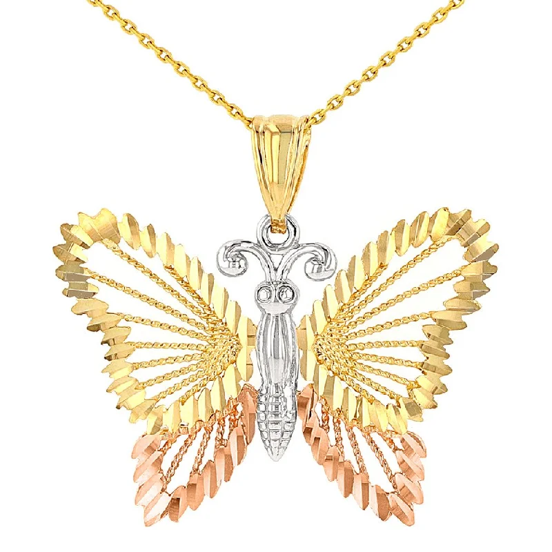 women double chain necklaces -14k Solid Tri-Color Gold Textured Open Butterfly Pendant Cable Chain Necklace