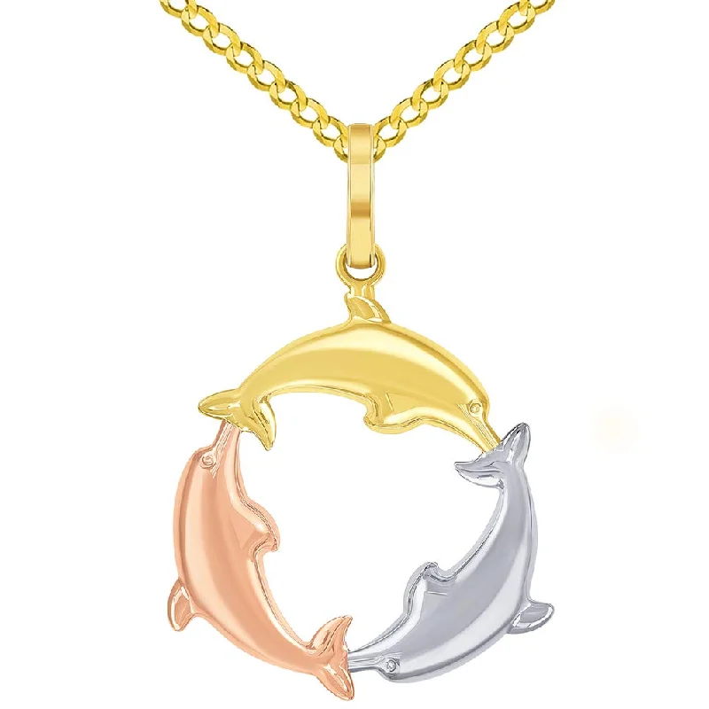 women pearl pendant necklaces -High Polish 14k Tri-Color Gold Dolphin Circle Pendant with Cuban Curb Chain Necklace