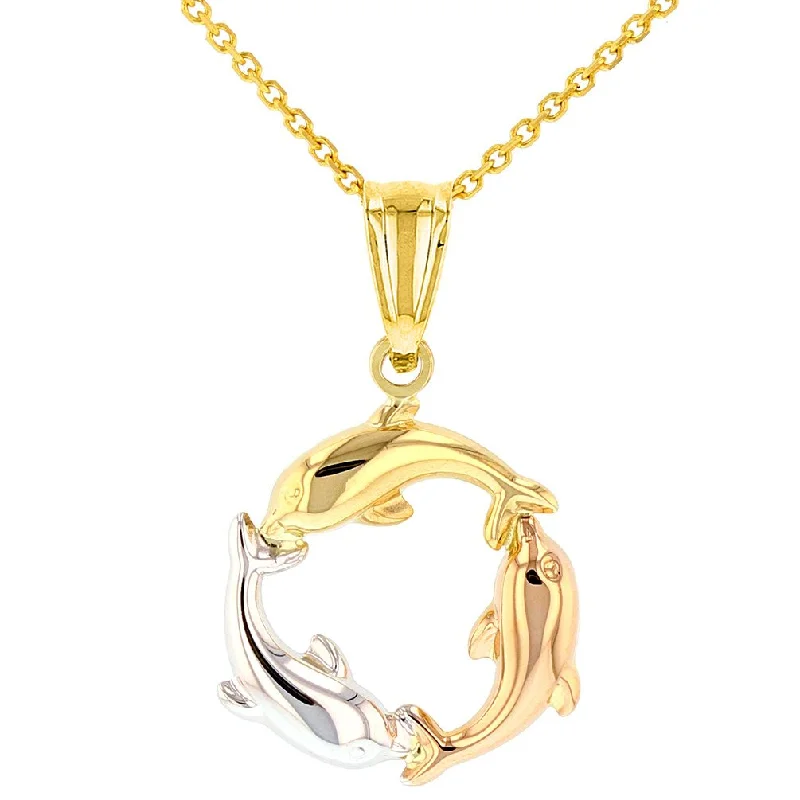 women jade necklaces -Polished 14K Tri-Color Gold Kissing Dolphin Circle Pendant Necklace